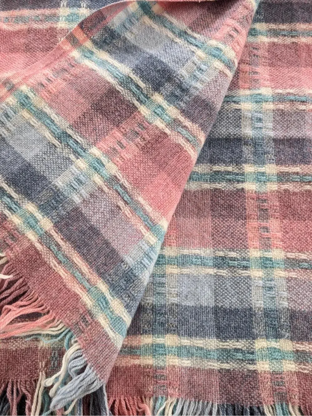 Faribo Faribault Woolen Mill Co Pink Plaid Wool Acrylic Throw Blanket Fringe